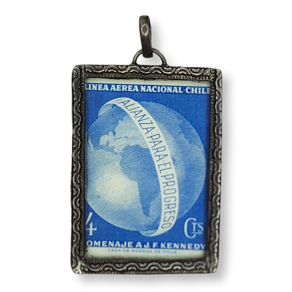 Vintage Stamp Pendant Blue Chile Alianza Para el Progreso